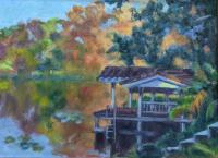 Florida Boathouse - Oil On Panel Paintings - By Claudia Thomas, Impressionistic Landscape Painting Artist