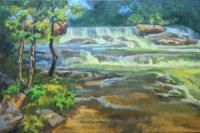 Etowah Waterfall - Oil On Canvas Paintings - By Claudia Thomas, Impressionistic Landscape Painting Artist