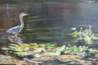 Egret In The Lake - Oil On Canvas Paintings - By Rosamalia Bujase, Impressionism Painting Artist