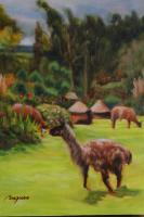 Llamas In San Pablo Del Lago - Oil On Canvas Paintings - By Rosamalia Bujase, Impressionism Painting Artist