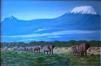 Elephants And Mountain - Mount Kilimanjaro Tanzania - Oil On Canvas