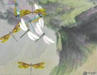 Dragonflies In The Clouds - Mixed Media Drawings - By Anna Helena Fisher, Abstract Drawing Artist