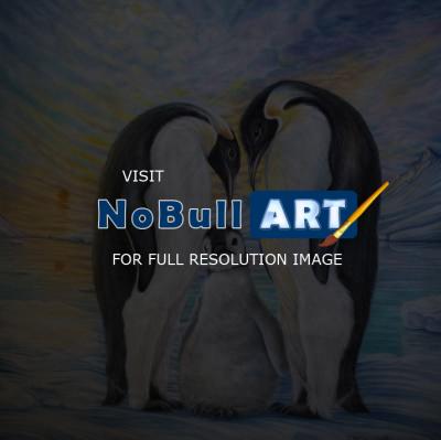 Family Moment - Emperor Penguins Under The Midnight Sun - Colored Pencil