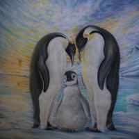 Emperor Penguins Under The Midnight Sun - Colored Pencil Drawings - By Deidra Smith, Realism Drawing Artist