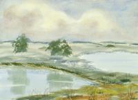 Wide Landscape With Ponds - Watercolor Paintings - By Hans Aabeck-Ackermann, Impressionist Painting Artist