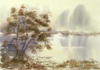 Foggy Autumn Day By The Riverside - Watercolor Paintings - By Hans Aabeck-Ackermann, Impressionist Painting Artist